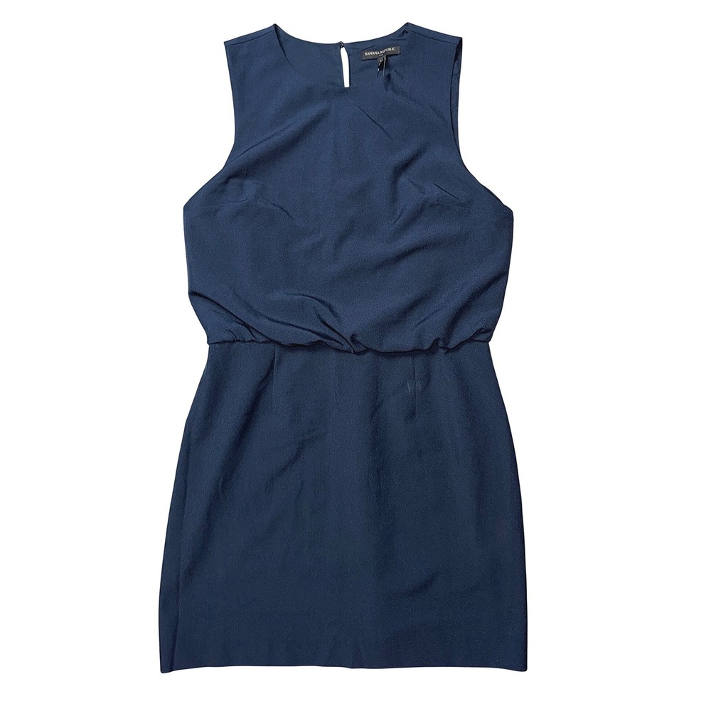 Banana Republic Navy Blue Sleeveless Sheath Dress Pleated Keyhole Back Size 12